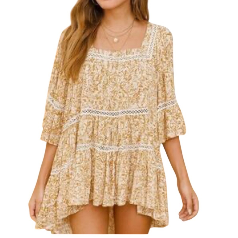 Free People Talk About It Floral Tunic Mini Dress Boho Bell Sleeve XS